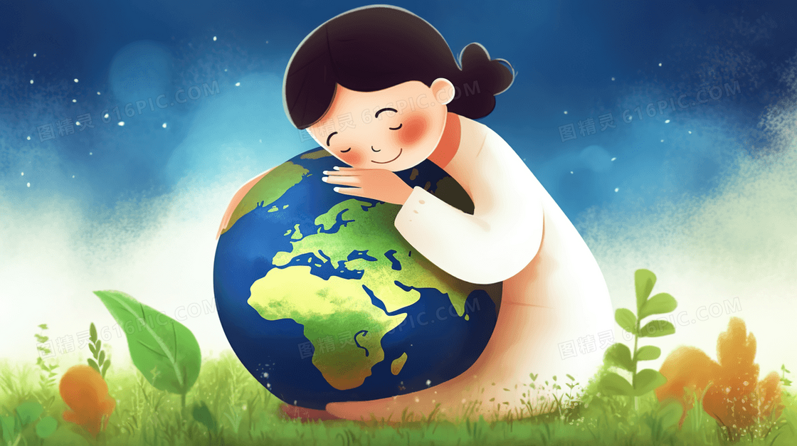绿色草坪上拥抱保护地球的女孩环保插画