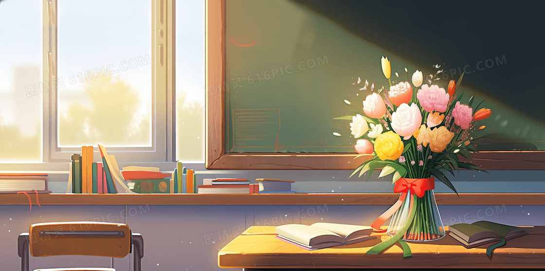 教师节书桌上送给老师的鲜花创意插画