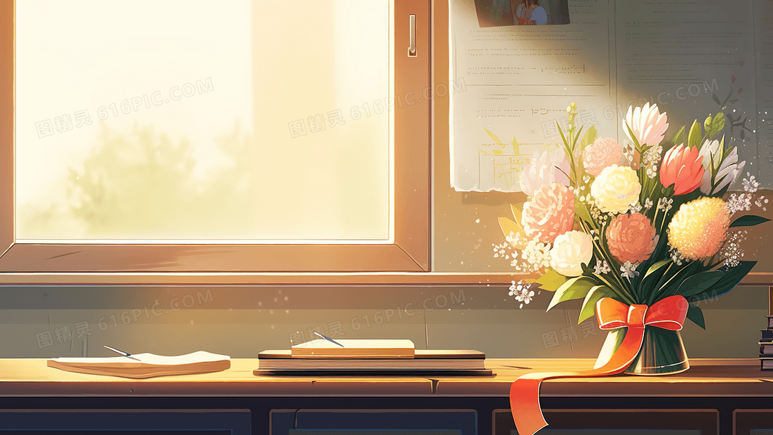 教师节书桌上送给老师的鲜花创意插画