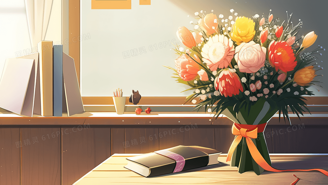教师节书桌上送给老师的鲜花创意插画
