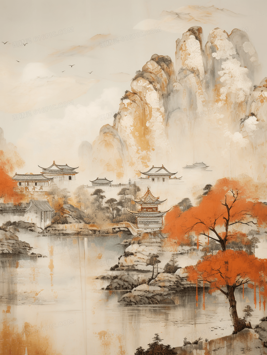 中国风山水树木建筑风景古典国画插画