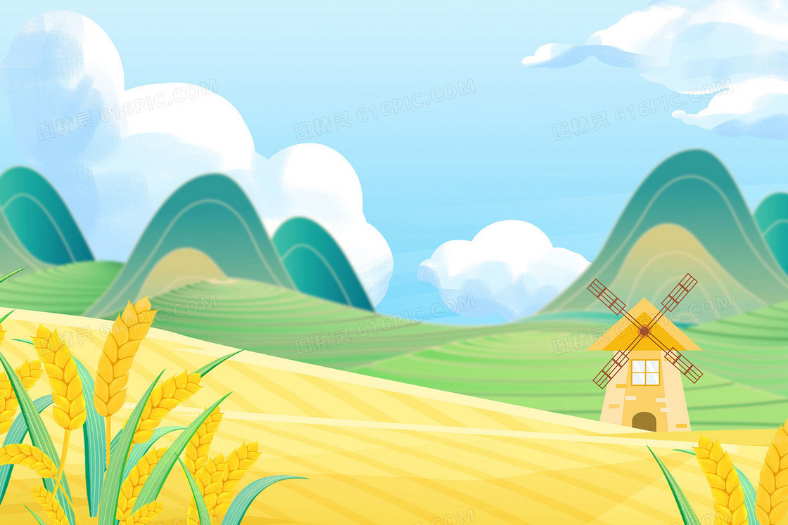 乡下田园风光风车大自然景色插画