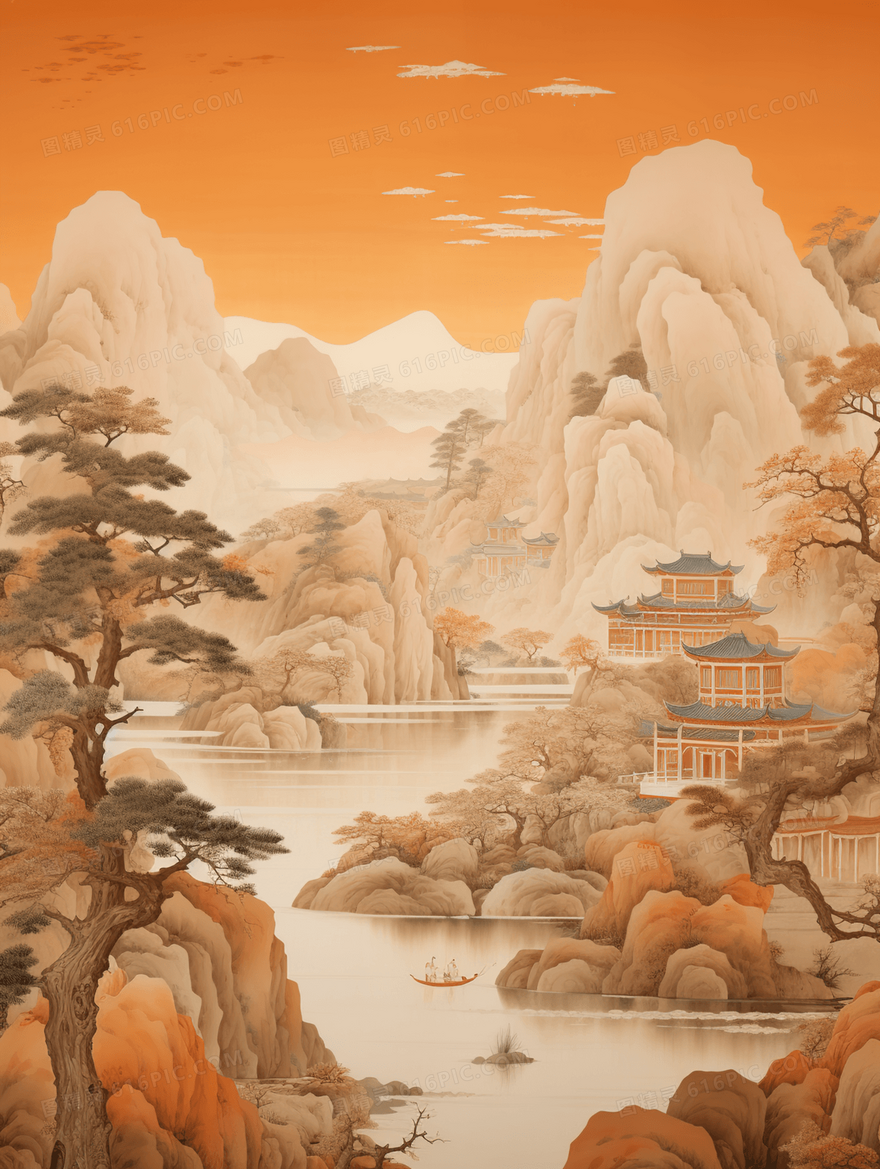 中国风山水树木建筑风景古典国画插画