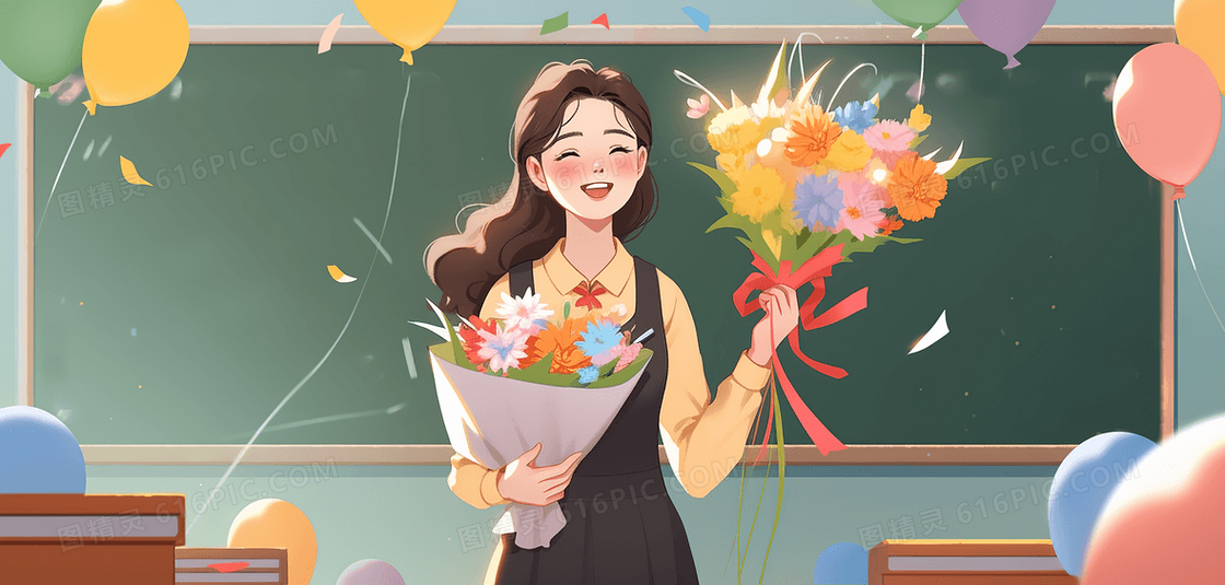 美丽的女老师抱着鲜花在黑板前开心的笑教师节创意插画