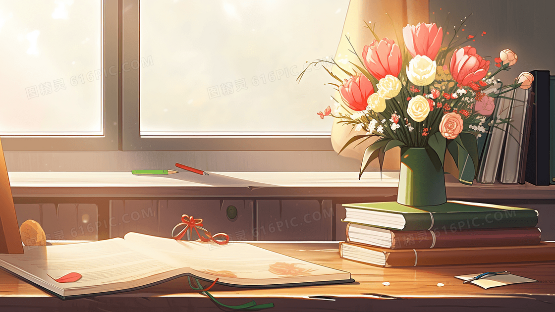 教师节书桌上送给老师的鲜花创意插画