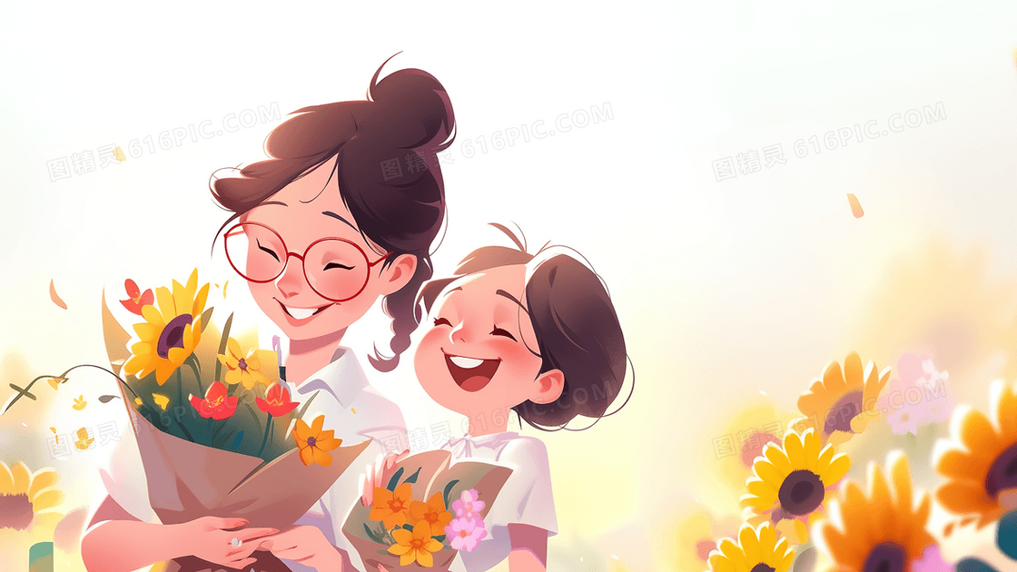 唯美清新学生给老师送花教师节创意插画