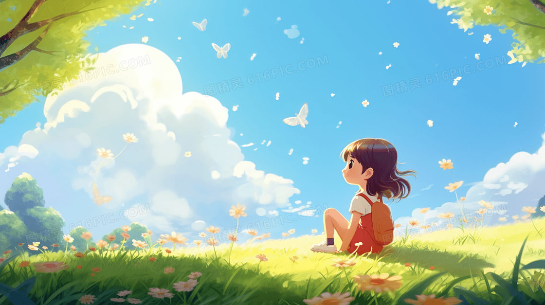 坐在春天开满花朵的草地上望着蓝天白云的小女孩唯美清新插画