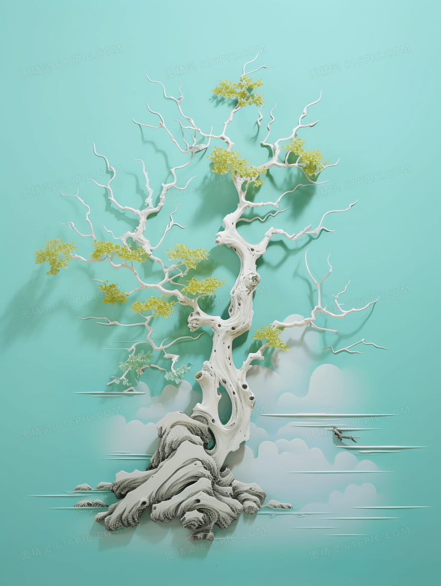 蓝色立体浮雕树木风景插画