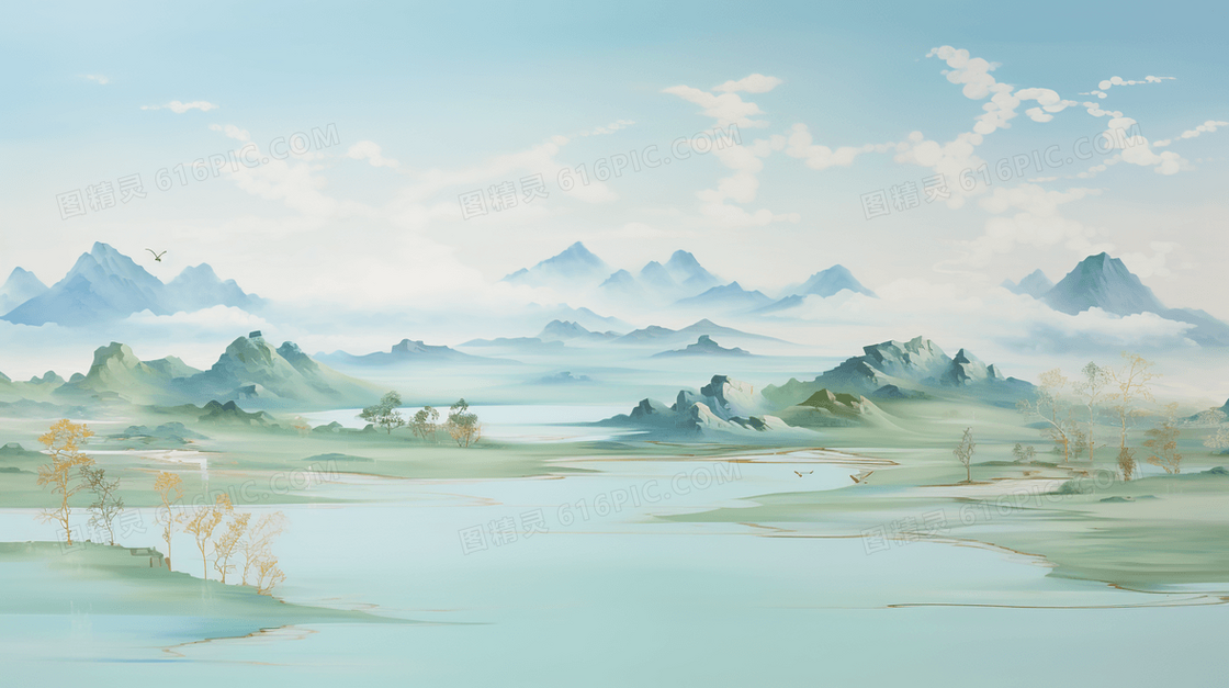 蓝色山水美景国画晕染插画