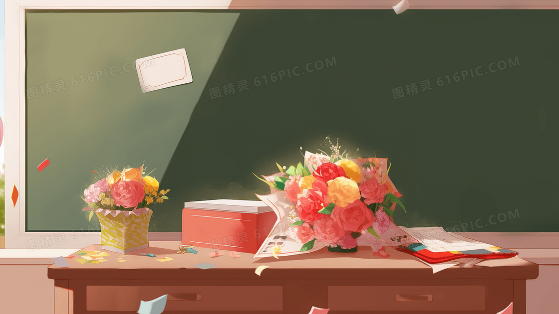 教室黑板前讲台桌子上送给老师的鲜花创意插画