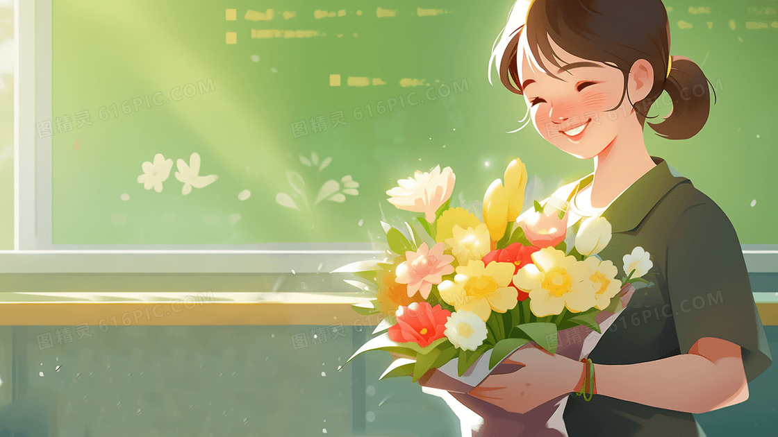美丽的女老师抱着鲜花在黑板前开心的笑教师节创意插画