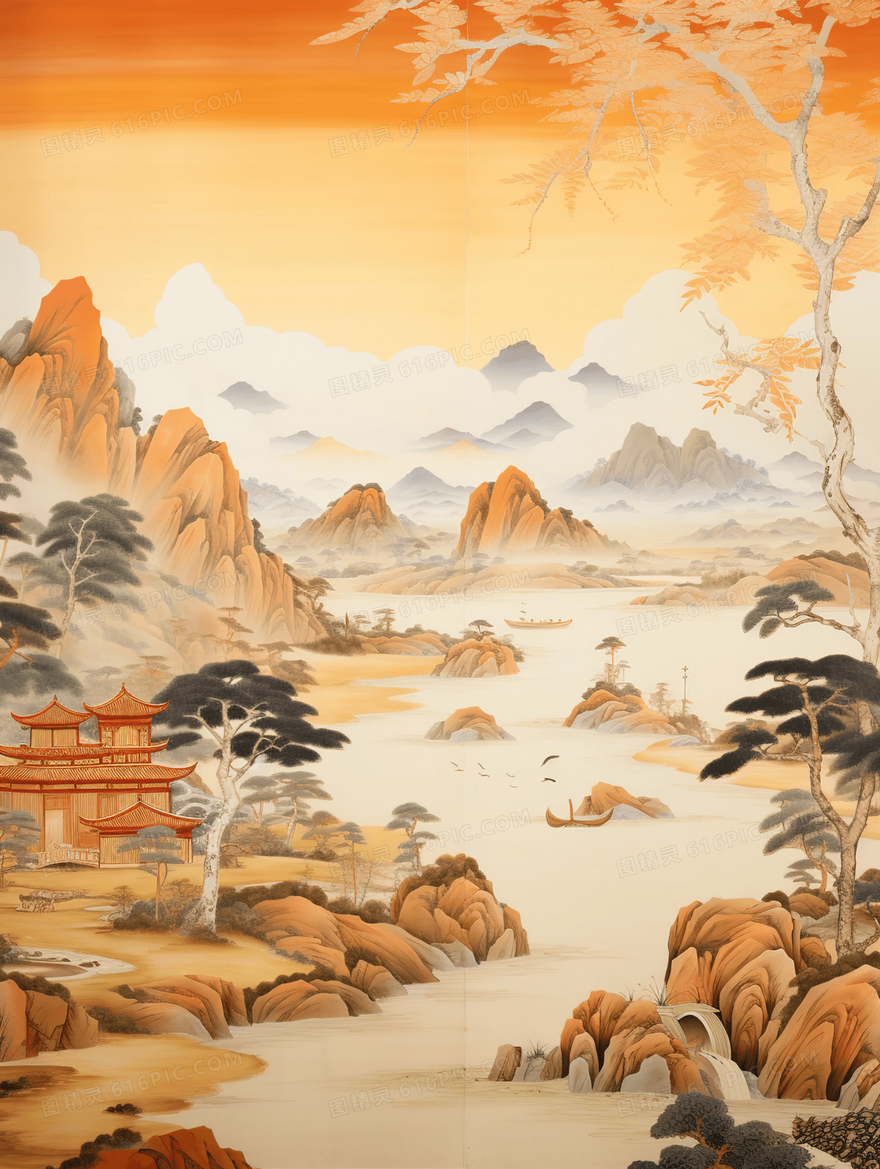 中国风山水树木建筑风景古典国画插画