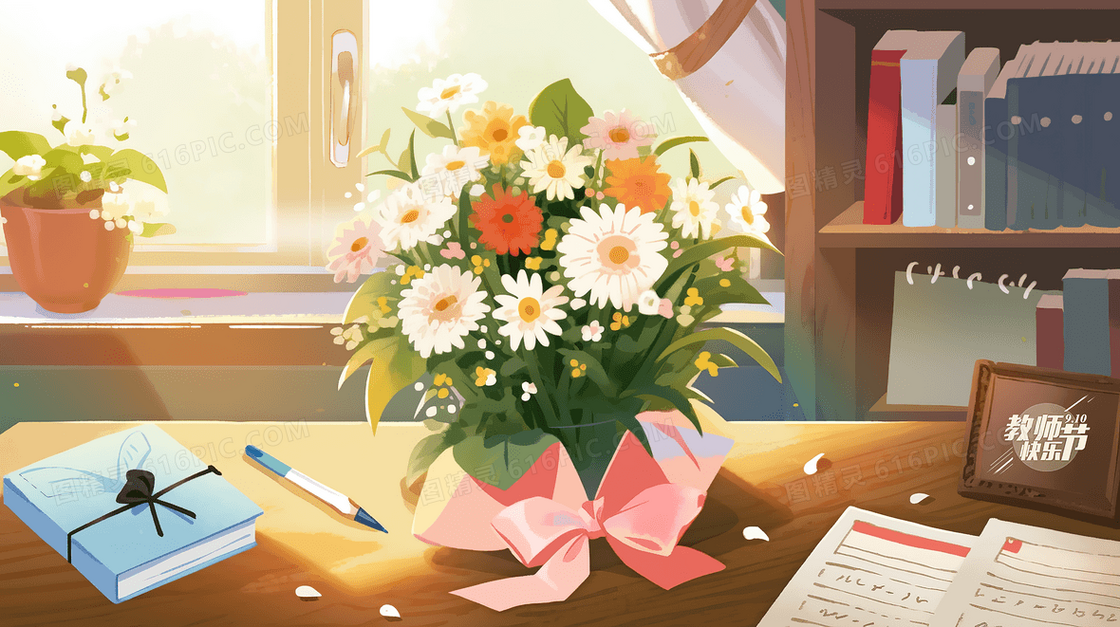 教师节老师书桌上的鲜花创意插画