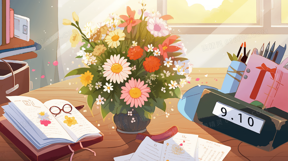 教师节老师书桌上的鲜花创意插画