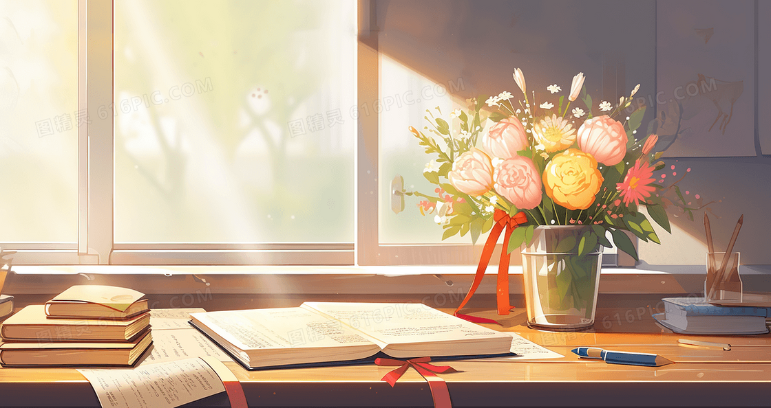 教师节书桌上送给老师的鲜花创意插画