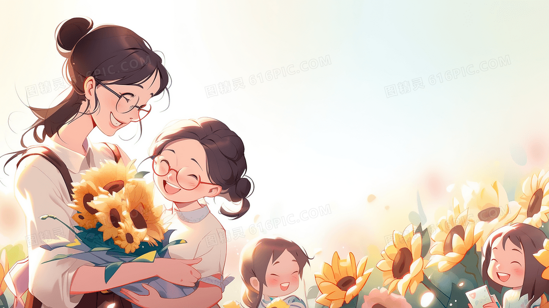 唯美清新学生给老师送花教师节创意插画