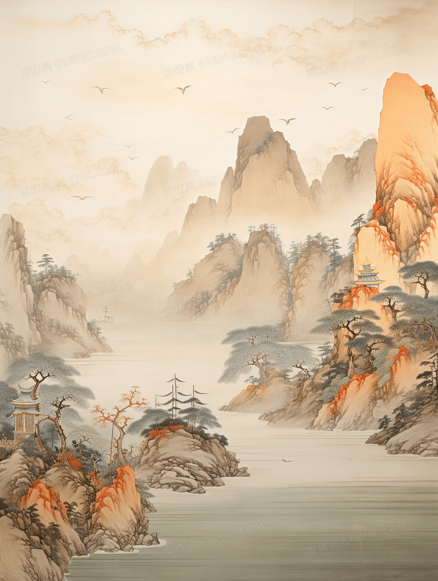 中国风山水树木建筑风景古典国画插画