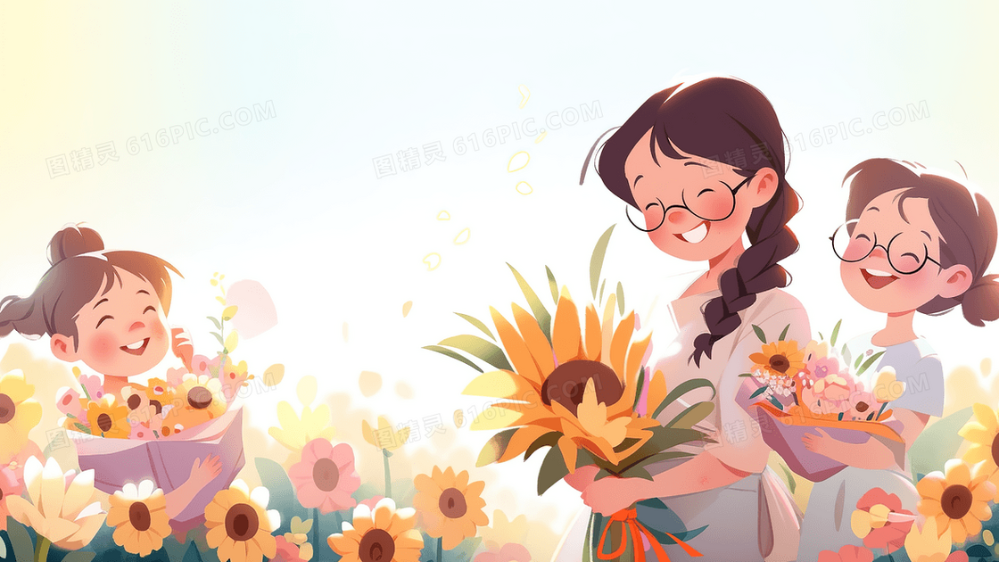 唯美清新学生给老师送花教师节创意插画