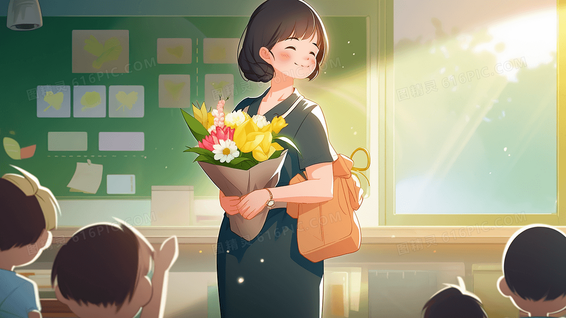 美丽的女老师抱着鲜花在黑板前开心的笑教师节创意插画