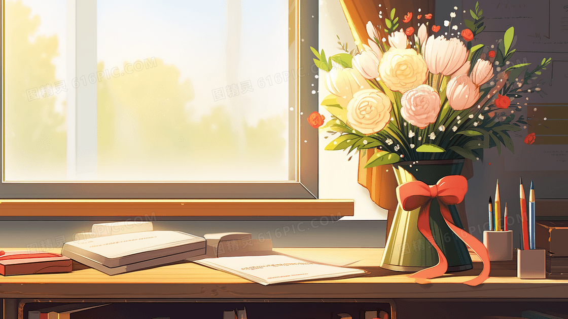 教师节书桌上送给老师的鲜花创意插画
