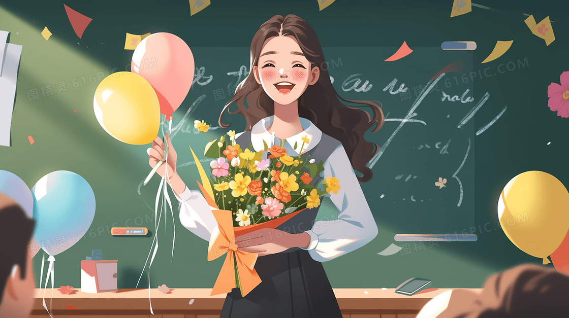 美丽的女老师抱着鲜花在黑板前开心的笑教师节创意插画