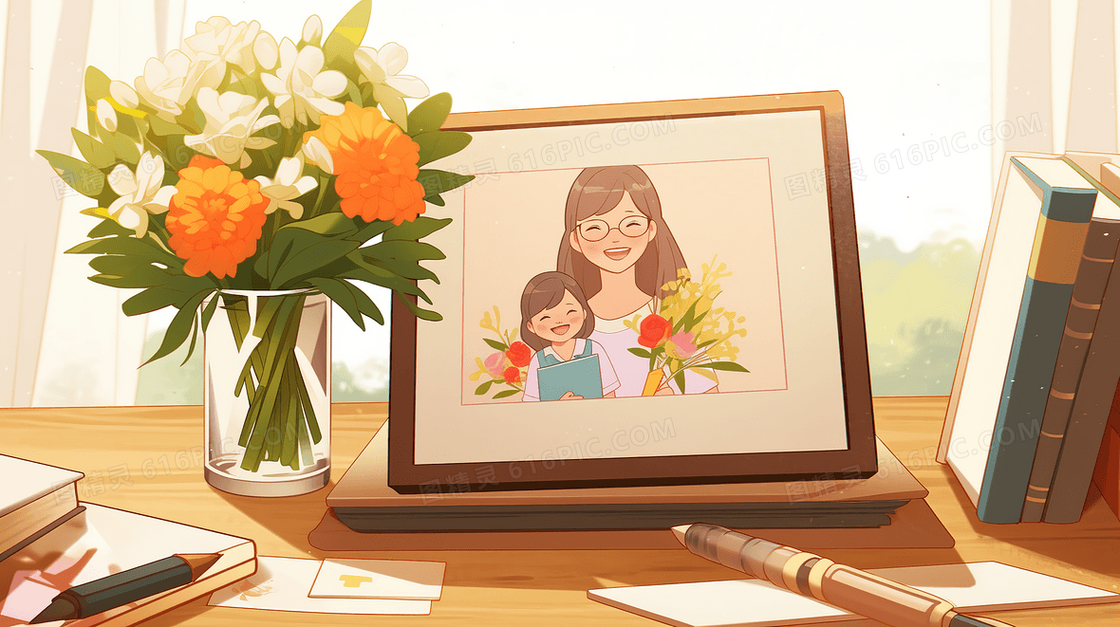 教师节老师书桌上的鲜花和学生的合照创意插画