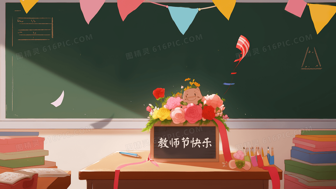 教室黑板前讲台桌子上送给老师的鲜花创意插画