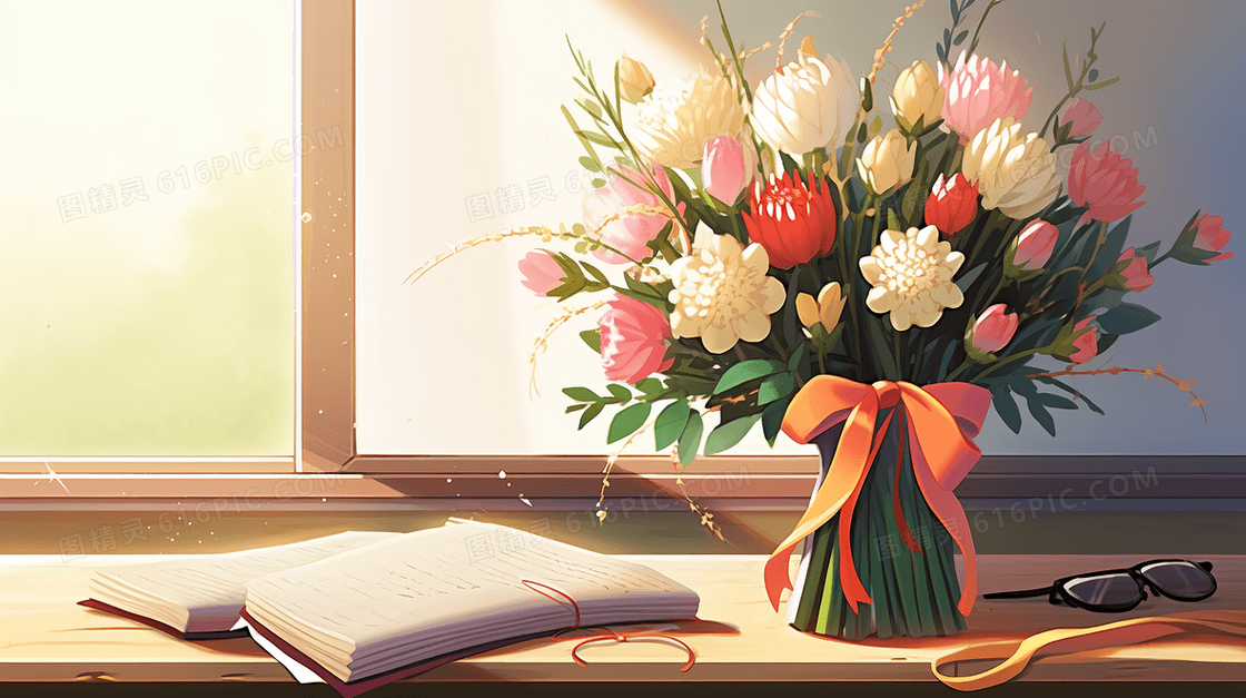 教师节书桌上送给老师的鲜花创意插画