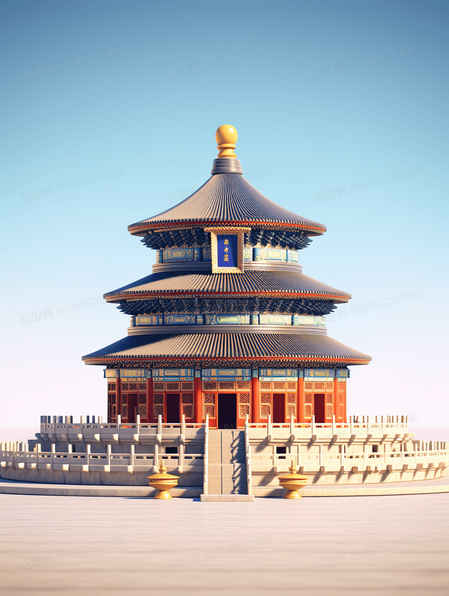 3D立体北京天坛中国古迹建筑插画