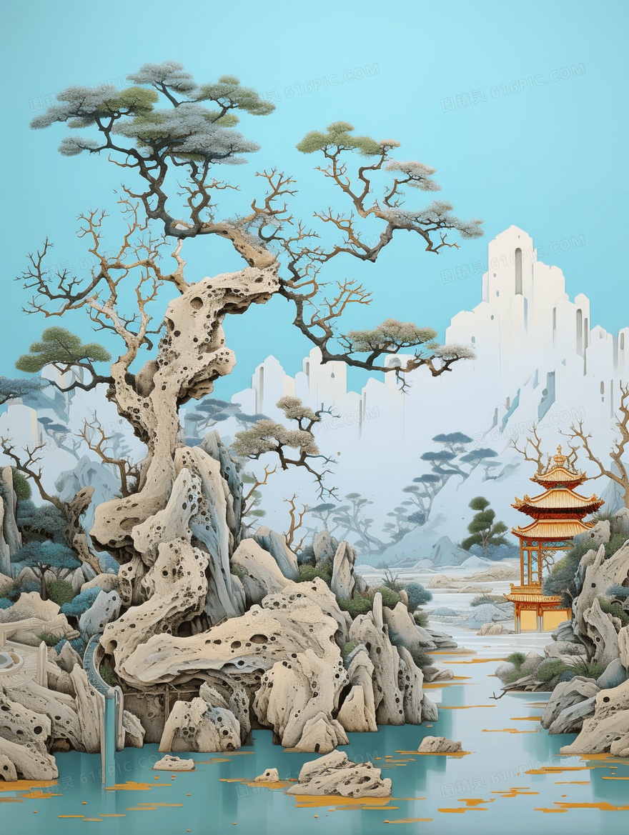 中国风立体浮雕山水风景建筑意境插画