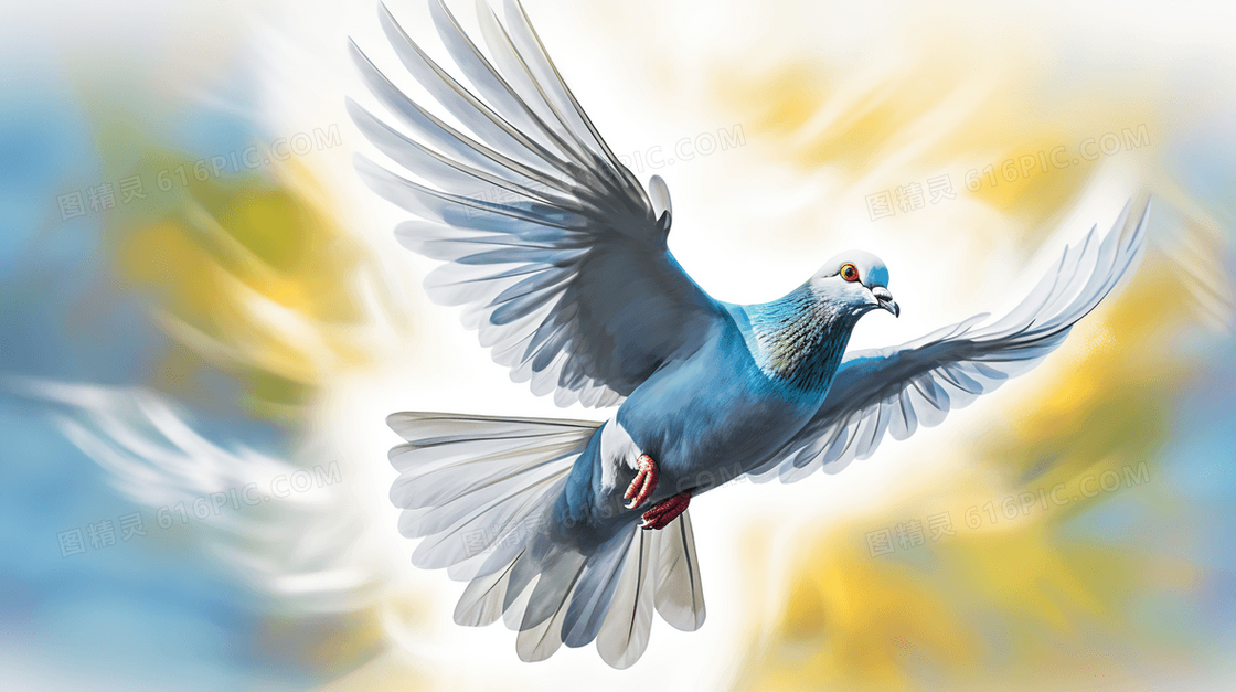 天空中自由飞翔的和平白鸽动物写实插画