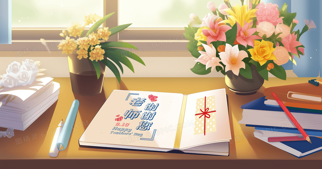 教师节老师书桌上的鲜花和贺卡创意插画