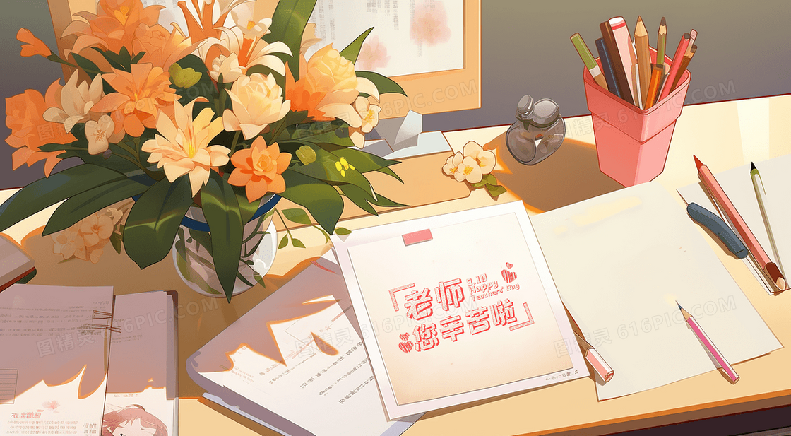 教师节老师书桌上的鲜花和贺卡创意插画