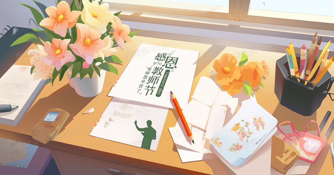 教师节老师书桌上的鲜花和贺卡创意插画