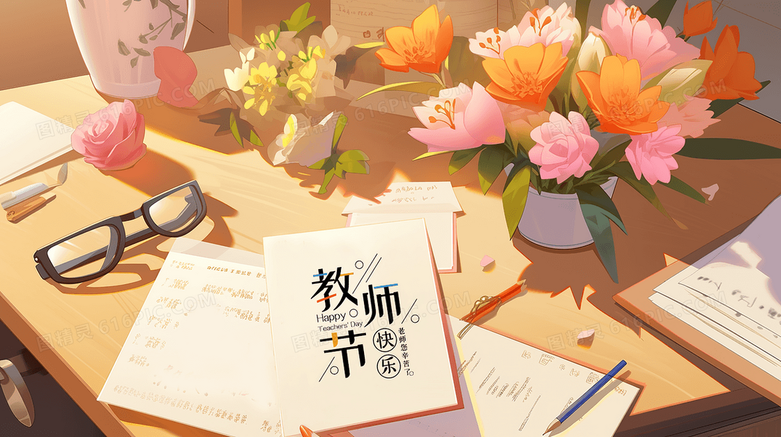 教师节老师书桌上的鲜花和贺卡创意插画