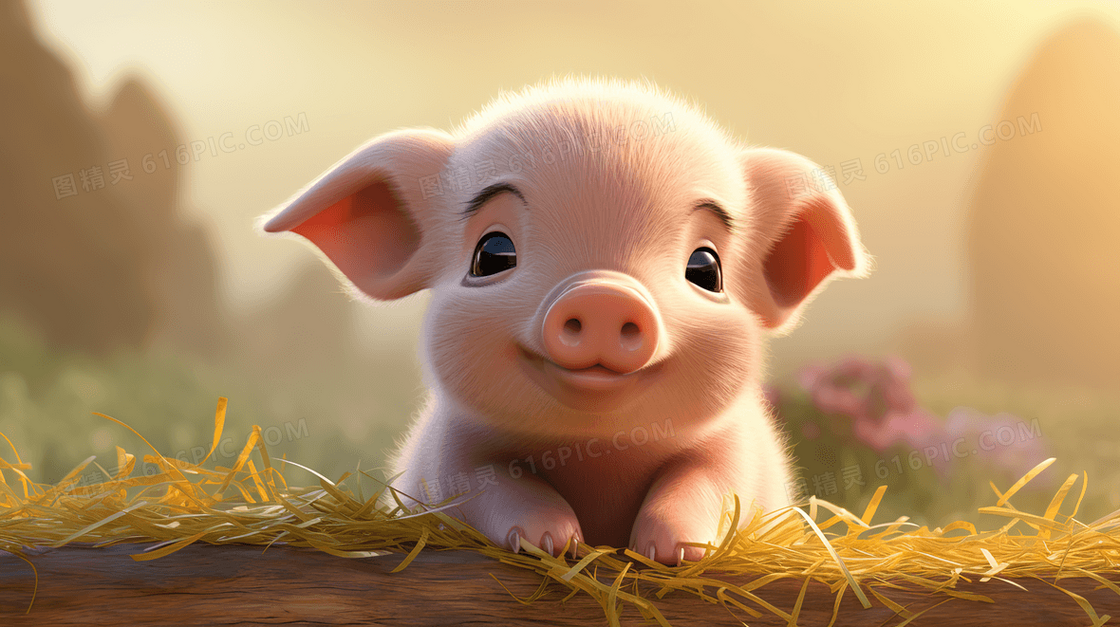 趴在草地上的粉色小猪宝宝可爱动物插画