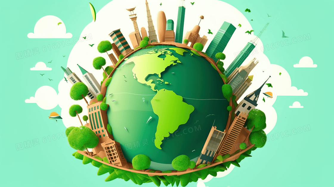3D立体绿色地球城市建筑绿化树木插画