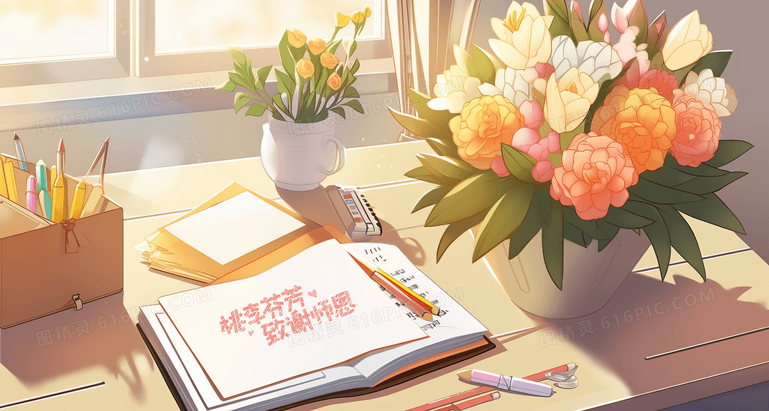 教师节老师书桌上的鲜花和贺卡创意插画