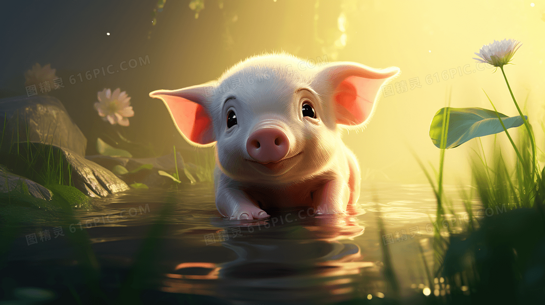 泡在小溪里的粉色小猪可爱动物插画
