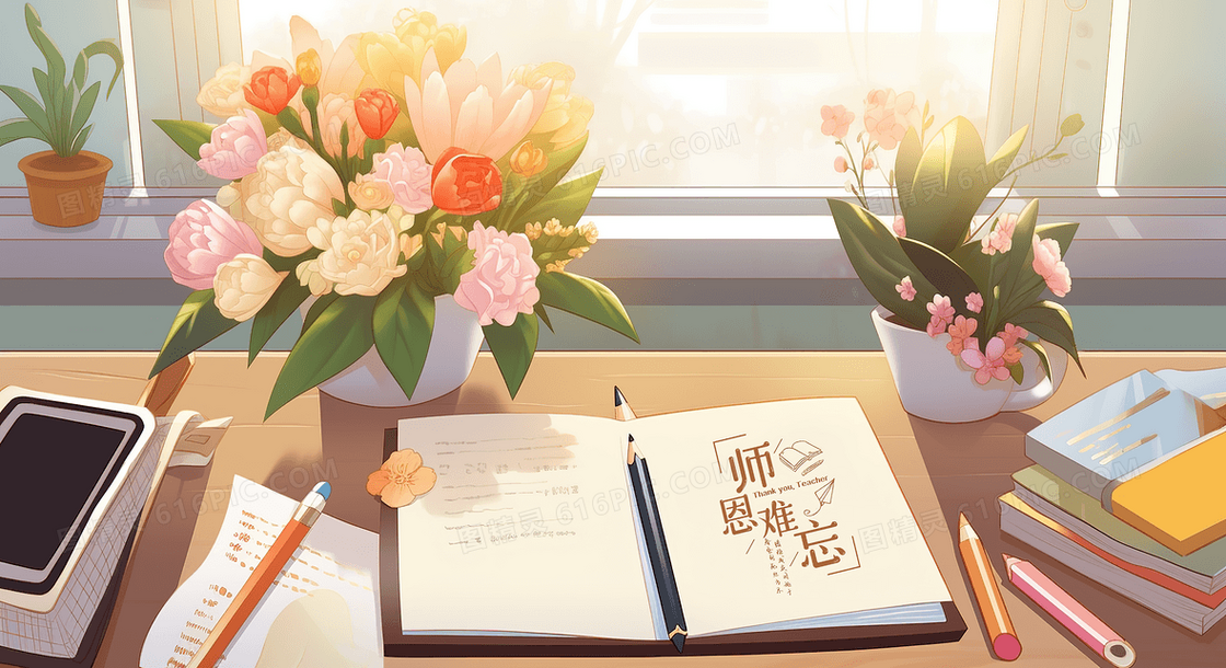 教师节老师书桌上的鲜花和贺卡创意插画