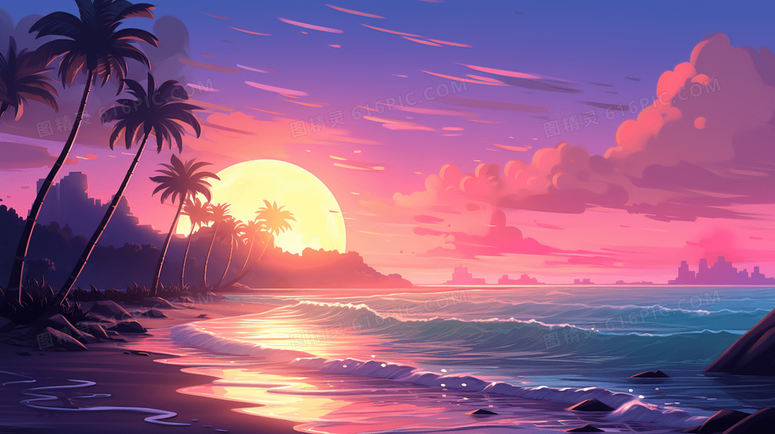 海上落日余晖夕阳晚霞风景插画