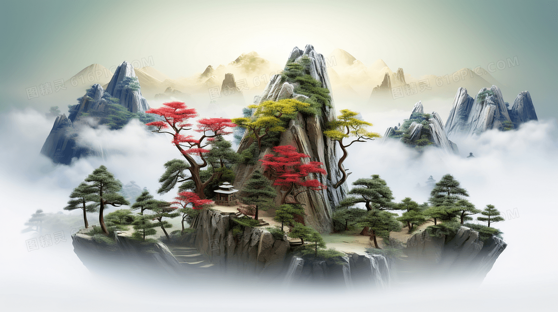 3D立体险峻高山上长满树木建筑风景插画