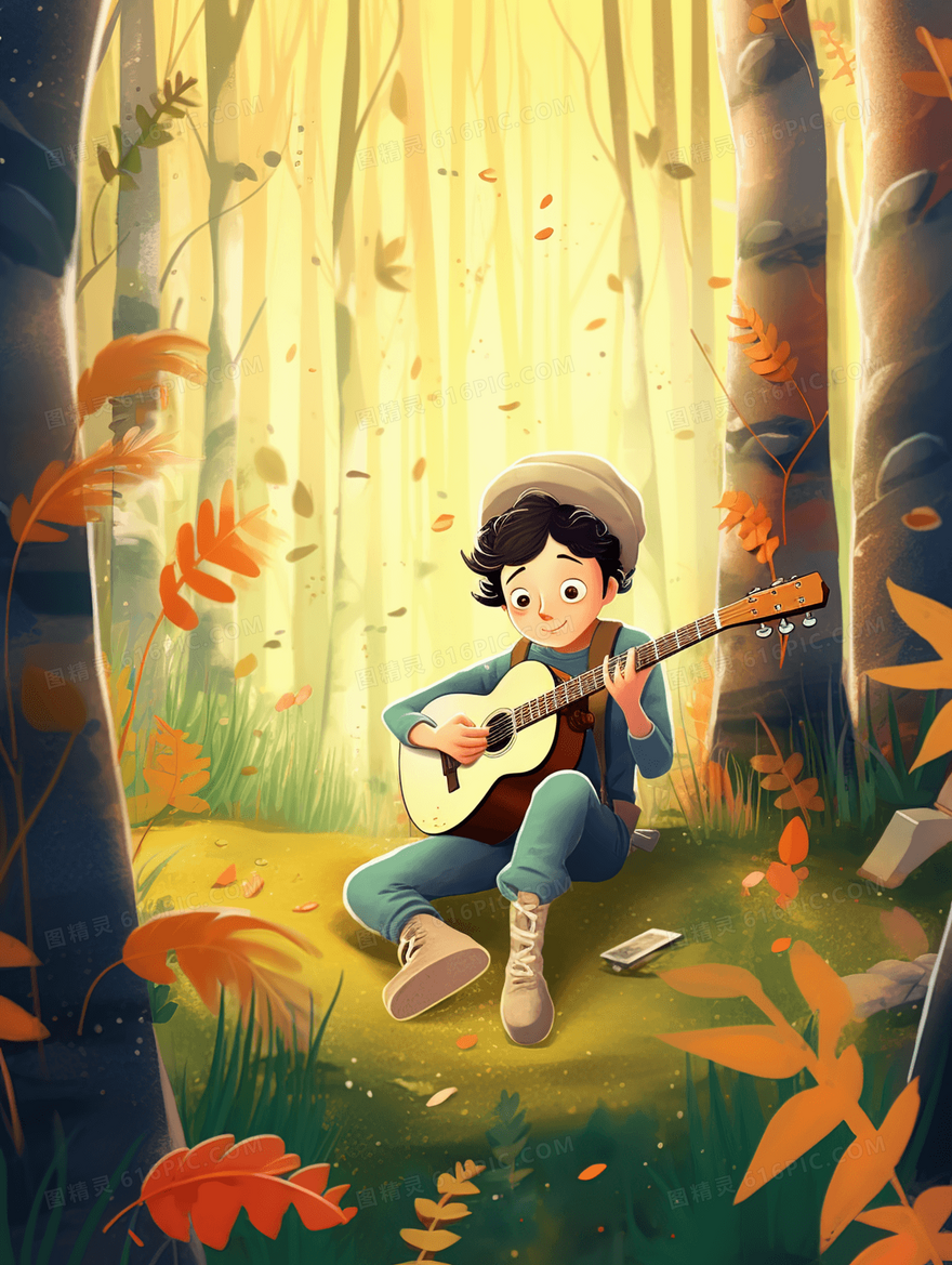 坐在树林草地上弹奏吉他的男孩插画