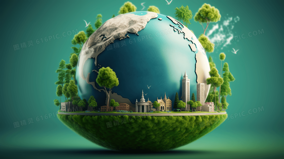 绿色立体地球模型绿化树木建筑环保插画
