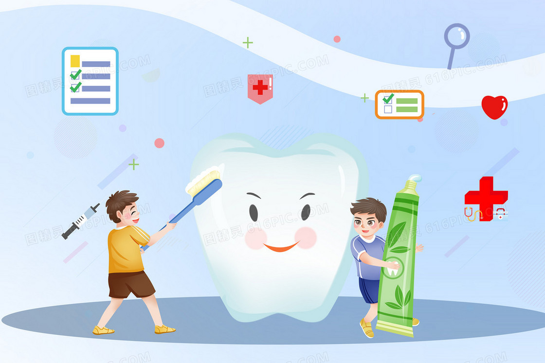 小朋友给牙齿刷牙卡通创意插画