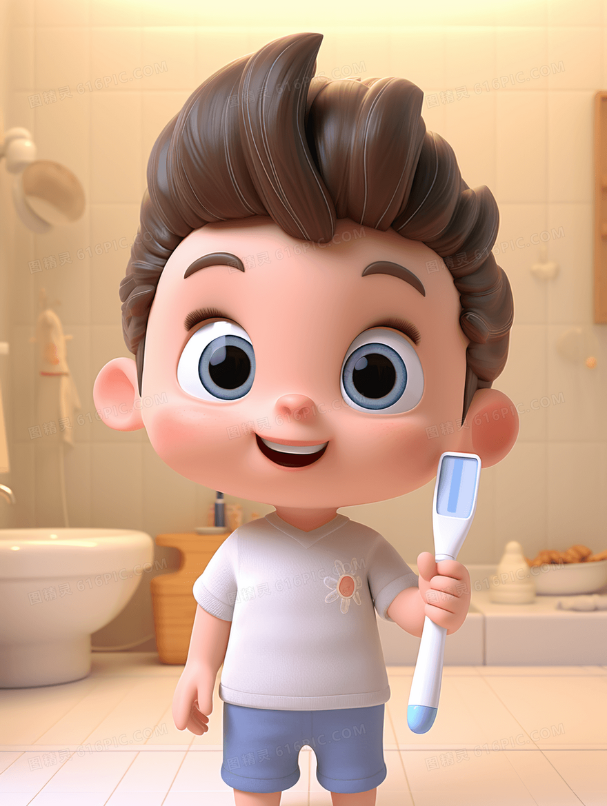 浴室里拿着牙刷准备刷牙的小男孩卡通插画