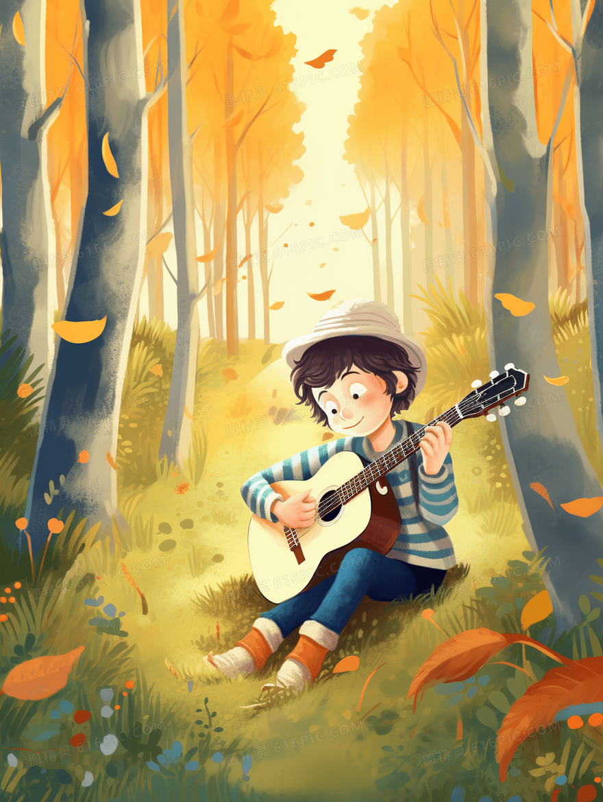 坐在树林草地上弹奏吉他的男孩插画