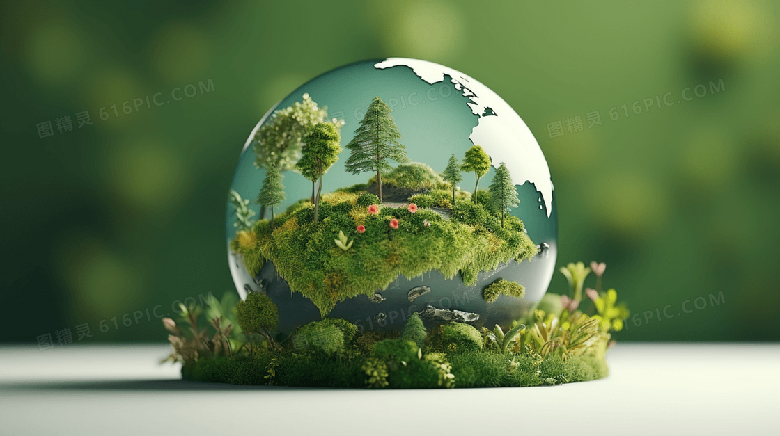 绿色苔藓上的立体地球绿色植物环保插画