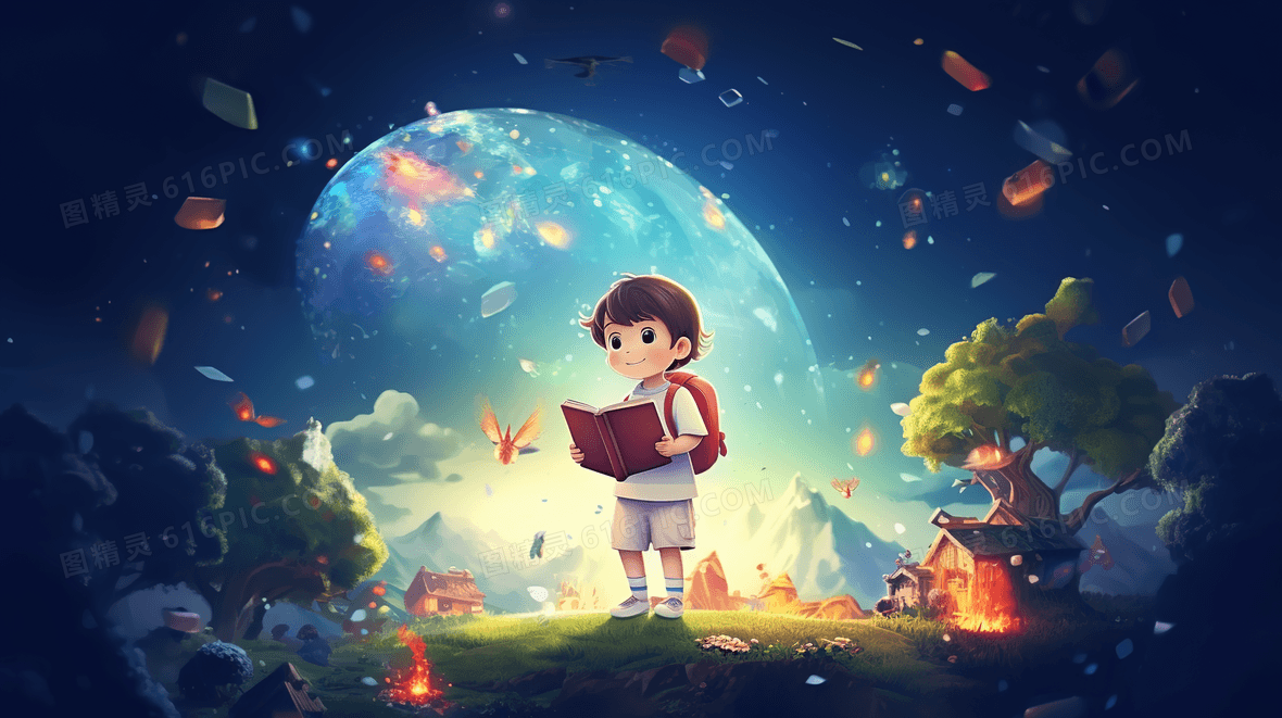 紫色站在云端仰望星空的小男孩梦幻插画背景图片下载_2912x1632像素JPG格式_编号196fejk61_图精灵