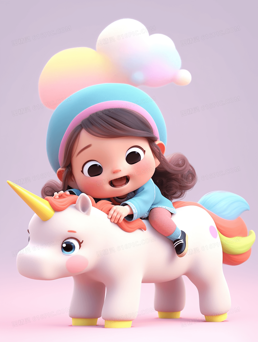 3D立体骑着独角兽的小女孩梦幻童话插画